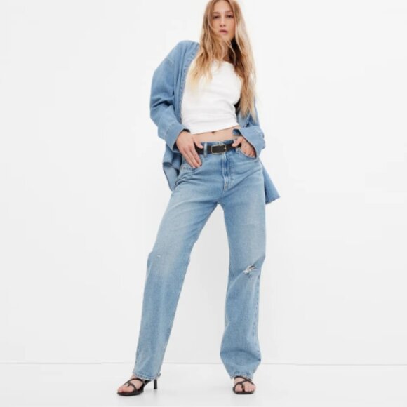 GAP ‘90s Loose High Rise Jeans Straight Leg Distressed Light Wash Women 27 x 29" - Picture 1 of 14